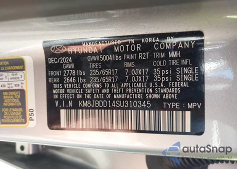 2025 Hyundai Tucson Hybrid Blue z USA, uszkodzony, nr VIN KM8JBDD14SU310345